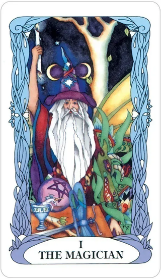 Tarot card featuring 'The Magician' with a colorful wizard figure and decorative border.