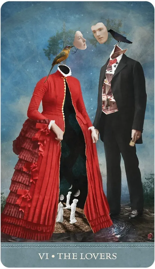 Artistic depiction of a red-robed figure and a black-robed figure with a bird, set against a blue sky.