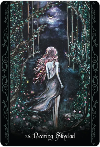 Fairy in a forest with a crescent moon and stars, titled 'Nearing Skyclad'.