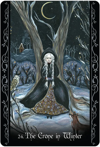 Framed artwork of a woman in a dark coat with an owl and a deer, titled 'The Crone in Winter'.