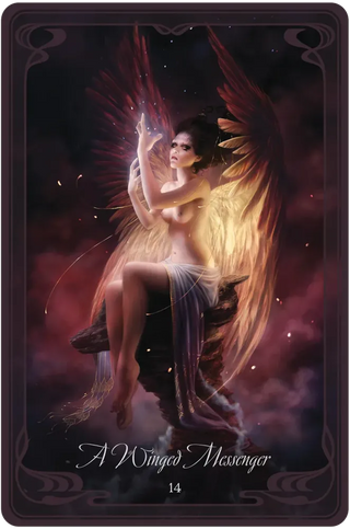 Tarot card featuring a winged messenger figure with a dark and mystical background.