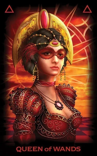 Decorative card featuring a character with elaborate headdress and jewelry, labeled 'Queen of Wands'.