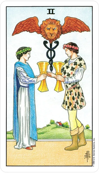 Tarot card with two people holding hands and a lion symbol above them, set against a landscape.