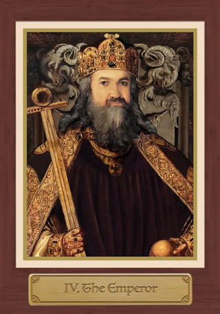 Portrait of a bearded figure in royal attire with a crown, scepter, and decorative robe on a brown background.