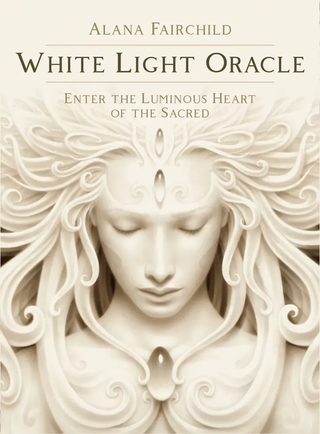 A book cover of 'White Light Oracle' featuring a sculpted figure with a luminous, intricate design representing the sacred heart.