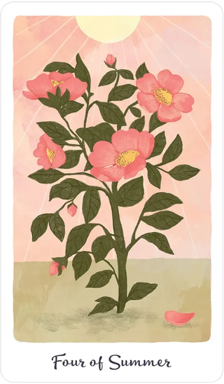 Card with a floral design labeled 'Four of Summer' on a pink and beige background