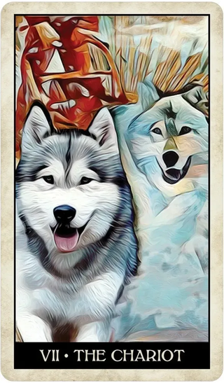 Card featuring two stylized wolves with 'The Chariot' text, likely from a tarot card set.