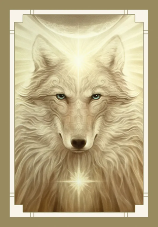 Artistic depiction of a white wolf with a glowing effect on a beige background