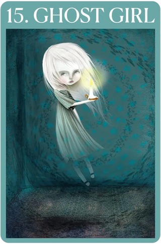 Card featuring a ghostly girl with a candle on a blue background