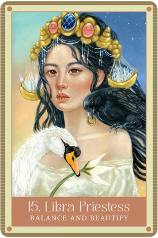 Tarot card featuring a woman with a swan and 'Libra Priestess' text
