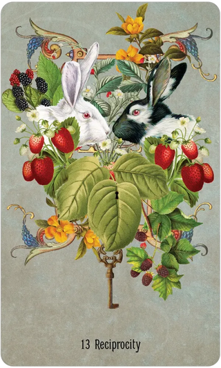 Decorative card with rabbits, fruits, and flowers labeled '13 Reciprocity'.
