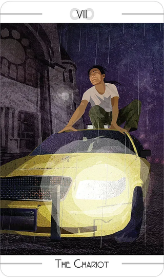 Tarot card titled 'The Chariot' featuring a person sitting on a car in a dark, urban setting.