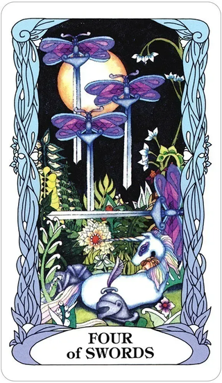 Four of Swords tarot card with dragons and flowers